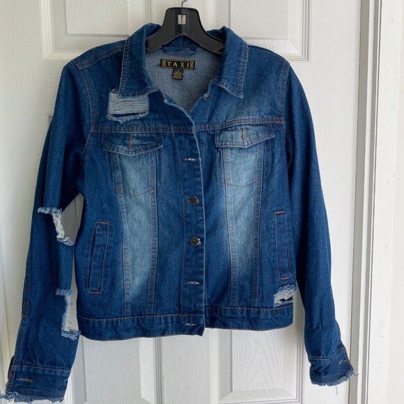 Taxi Womens Distressed Denim Jacket With Ripped Details Long Sleeves & Button Fr - Picture 3 of 15